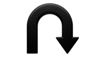 Isolated black turn arrow, direction sign in a U-shape pointing down, representing return