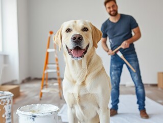 Happy dog watches owner paint