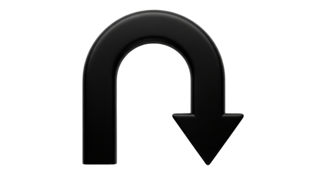 Isolated black turn arrow, direction sign in a U-shape pointing down, representing return