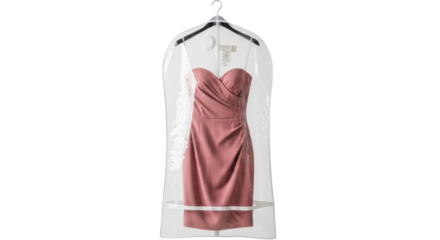 Isolated soft-pink dress in clear garment bag hanging on a hanger, for bridal party, prom, or gala
