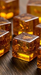 Amber Glass Cubes on Wood Table
