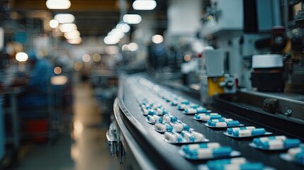 Obraz premium Pharmaceutical capsules on a conveyor belt in a factory (1)