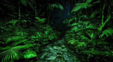 Fototapeta premium Lush jungle path, shrouded in green darkness