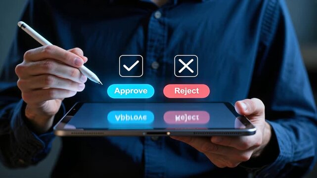 Man using tablet with stylus showing glowing approve and reject options, decision making concept, futuristic tech, Digital Checklist, Business Tasks - Powered by Adobe
