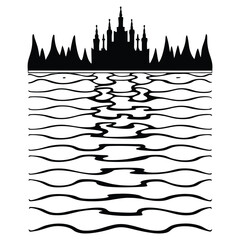 Serene lake with patterned surface reflecting a majestic castle silhouette vector illustration