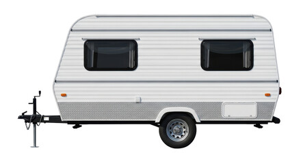 Isolated vintage travel trailer, camper side view, vehicle ready for summer vacation trip
