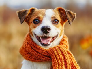 Happy dog wearing an orange scarf in autumn
