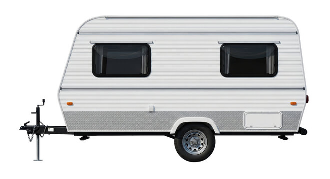 Isolated vintage travel trailer, camper side view, vehicle ready for summer vacation trip