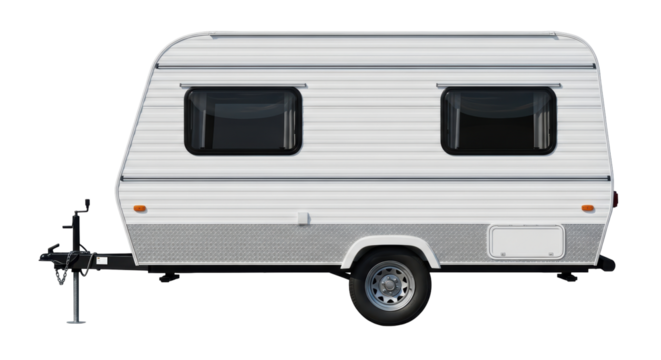 Isolated vintage travel trailer, camper side view, vehicle ready for summer vacation trip