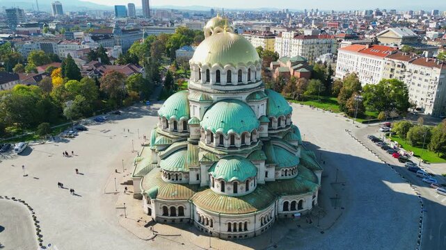 Aerial view of the Alexander Nevsky Cathedral, a Bulgarian Orthodox cathedral in Sofia, Bulgaria