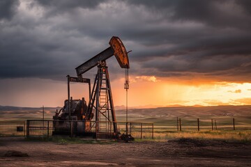 Rusty oil pump jack against dramatic sunset sky over grassy plains, showcasing industrial machinery. Concept for energy resources, oil and gas production and environmental concerns