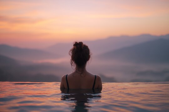 Back view of woman relaxing in an infinity pool with a mountain view during sunset. Concept for wellness retreat, mindful living and travel adventure