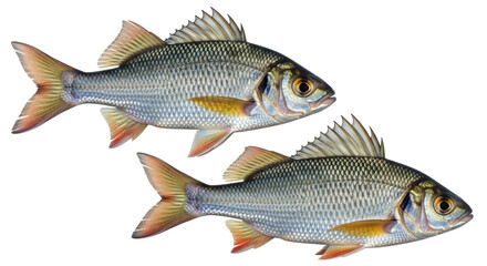 Isolated two fish in close-up, fresh and silvery freshwater animals, ready for cooking, food source