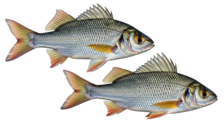 Isolated two fish in close-up, fresh and silvery freshwater animals, ready for cooking, food source