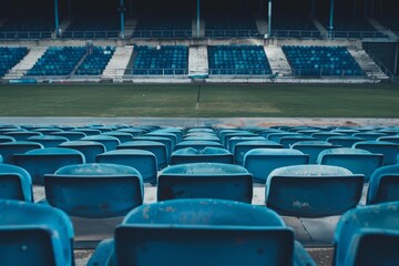 Naklejka premium Rows of empty blue plastic seats facing a green soccer field in an empty stadium