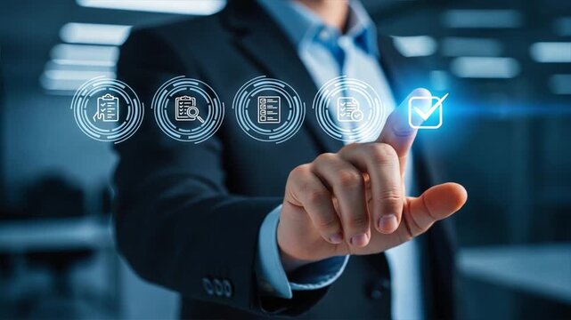 Business professional man in dark suit reaching to glowing digital task icons with neon blue checkboxes in modern office and icons, Digital Checklist, Business Tasks