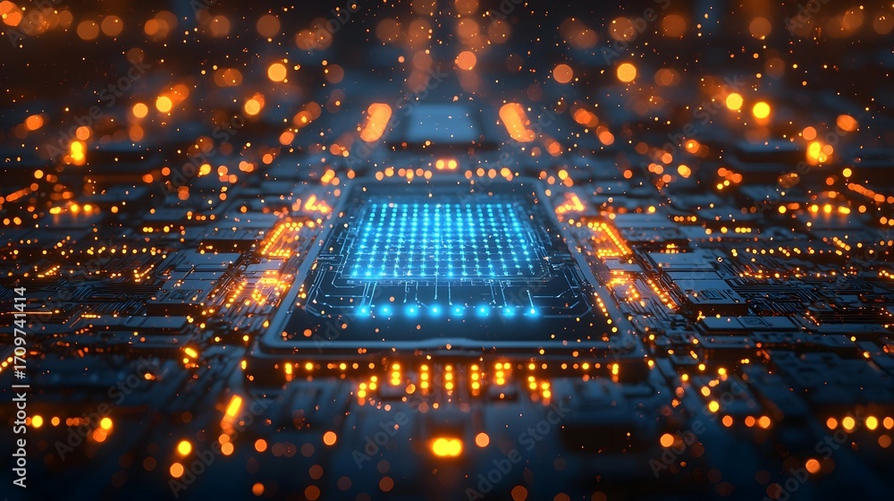 Poster futuristic glowing circuit board with abstract blue and orange lights representing technology and da