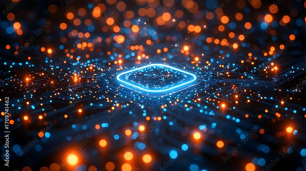 Poster a futuristic digital circuit glows with neon blue lights symbolizing advanced quantum computing tech