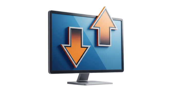 Isolated modern computer with directional arrows for data transfer, upload and download