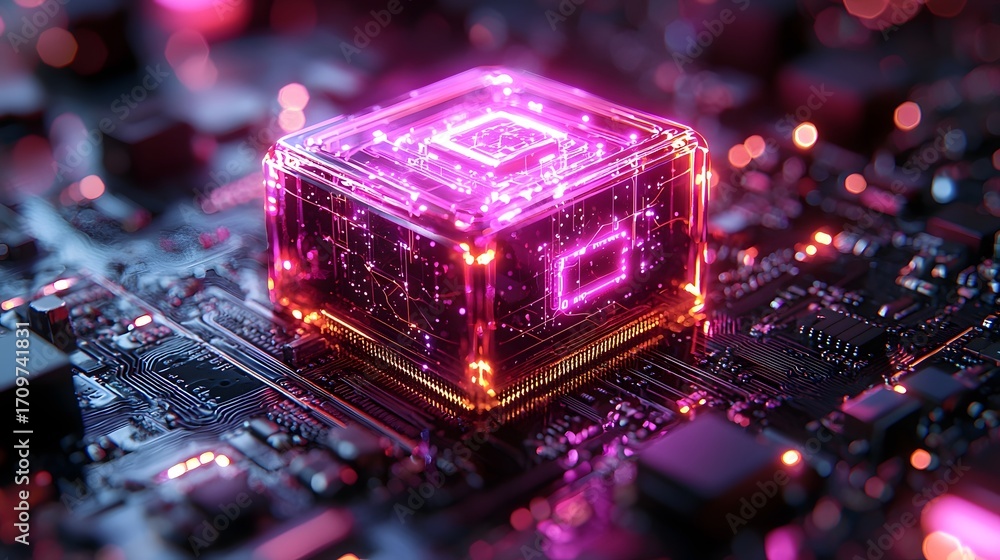 Poster futuristic quantum processor on a glowing neon circuit board representing advanced technology and in