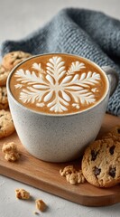 Fototapeta premium Latte art snowflake design on a mug, cookies, and a knit blanket