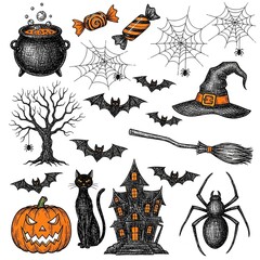 A collection of hand-drawn Halloween-themed doodle or sketch illustrations