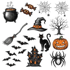 A collection of hand-drawn Halloween-themed doodle or sketch illustrations