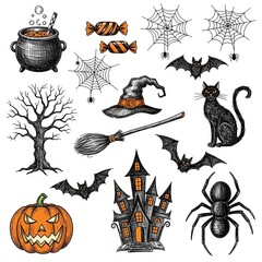 A collection of hand-drawn Halloween-themed doodle or sketch illustrations