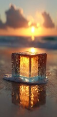 Ice cube at sunset on the beach