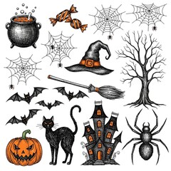 A collection of hand-drawn Halloween-themed doodle or sketch illustrations