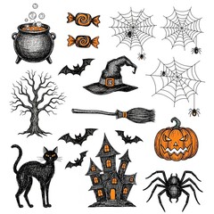 A collection of hand-drawn Halloween-themed doodle or sketch illustrations