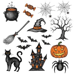 A collection of hand-drawn Halloween-themed doodle or sketch illustrations