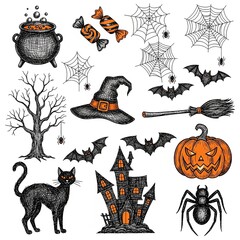 A collection of hand-drawn Halloween-themed doodle or sketch illustrations