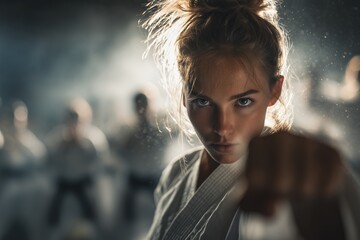 Determined blonde female martial artist punching toward the camera in a training room with others practicing, concept for self-defense, discipline and competitive sport