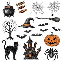 A collection of hand-drawn Halloween-themed doodle or sketch illustrations
