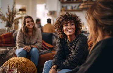 Group of friends relaxing and chatting together on sofa in living room