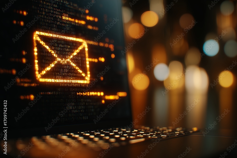 Poster laptop screen displaying glowing email symbol on digital data stream with bokeh background. concept 