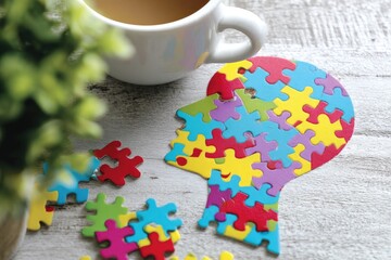 Colorful jigsaw puzzle head with scattered pieces, beside a cup of coffee and small plant