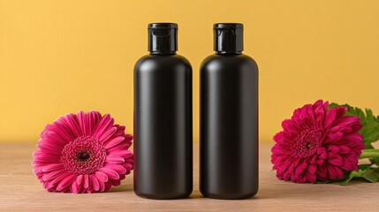 Two black plastic bottles,?pink flowers,?yellow background