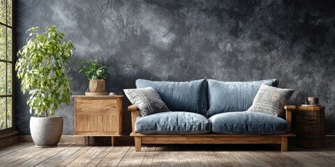 Rustic living room with a deep blue sofa and potted plant
