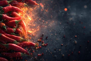 Fiery red chili peppers with flames and spice © Fadly
