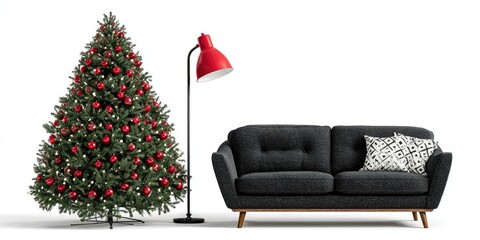 Christmas living room scene with red ornaments, a floor lamp, and a dark gray couch