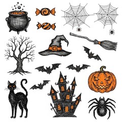 A collection of hand-drawn Halloween-themed doodle or sketch illustrations