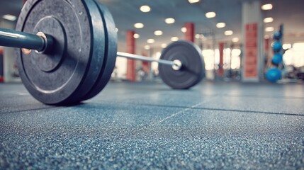 Weightlifting barbell on gym floor