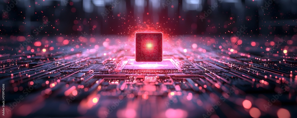 Poster abstract futuristic digital processor glowing brightly on a complex electronic circuit board with vi