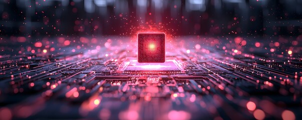 Abstract futuristic digital processor glowing brightly on a complex electronic circuit board with vivid red and purple illumination