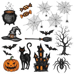 A collection of hand-drawn Halloween-themed doodle or sketch illustrations