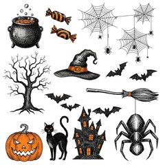 A collection of hand-drawn Halloween-themed doodle or sketch illustrations