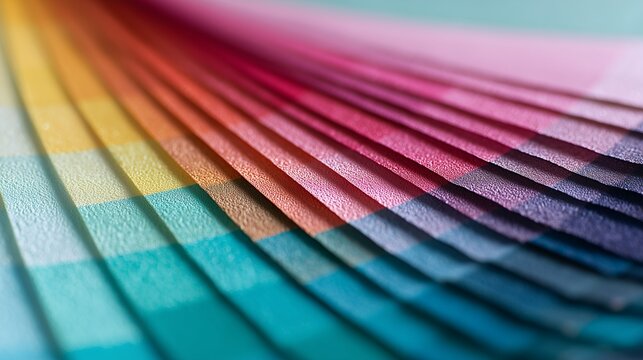 Close-up of a color swatch fan displaying a spectrum of hues from cool blue to warm pink shades with a textured finish, concept for interior design palette, graphic design resource and paint - Powered by Adobe
