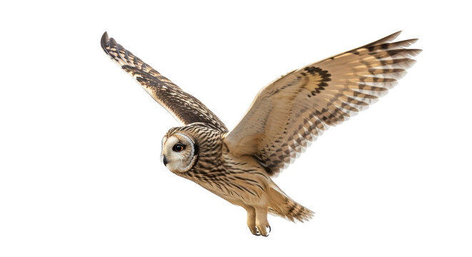 Isolated Short-eared Owl in Flight, graceful predator with outspread wings, hunting bird